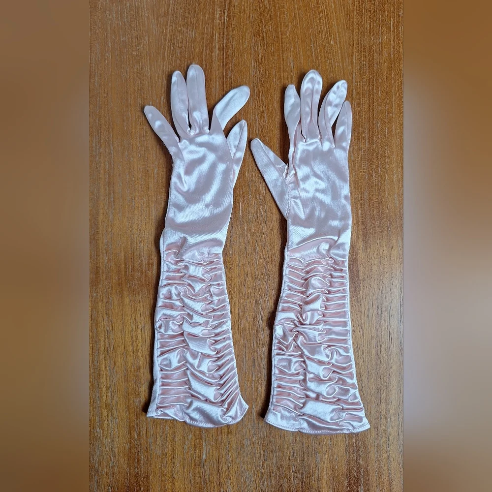 Vintage Pink Satin Opera Gloves Ruched Prom HOCO Formal Black Tie Evening